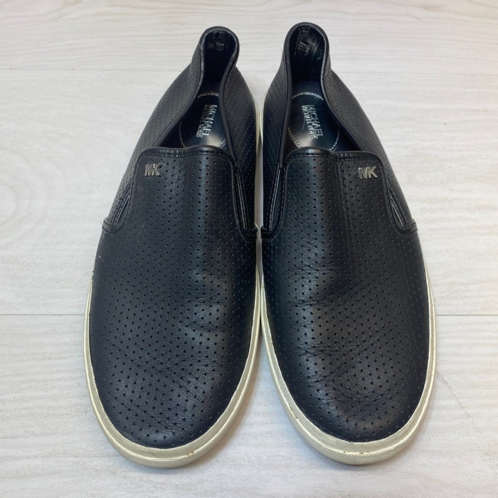 Michael Kors Womens Size 10 Slip On Sneakers Perforated Black Leather Flat Shoes